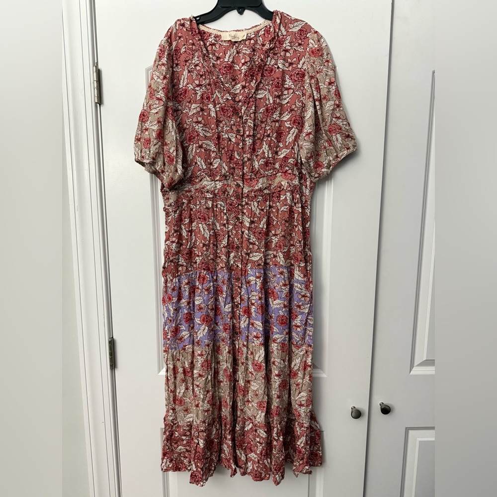 Nurture by Westbound Floral Red and Purple Women's Maxi Dress Tiered EUC